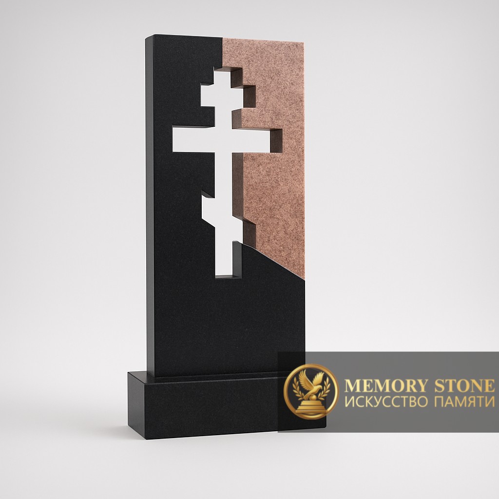 Элитный двухцветный памятник черный с красным крестом фото