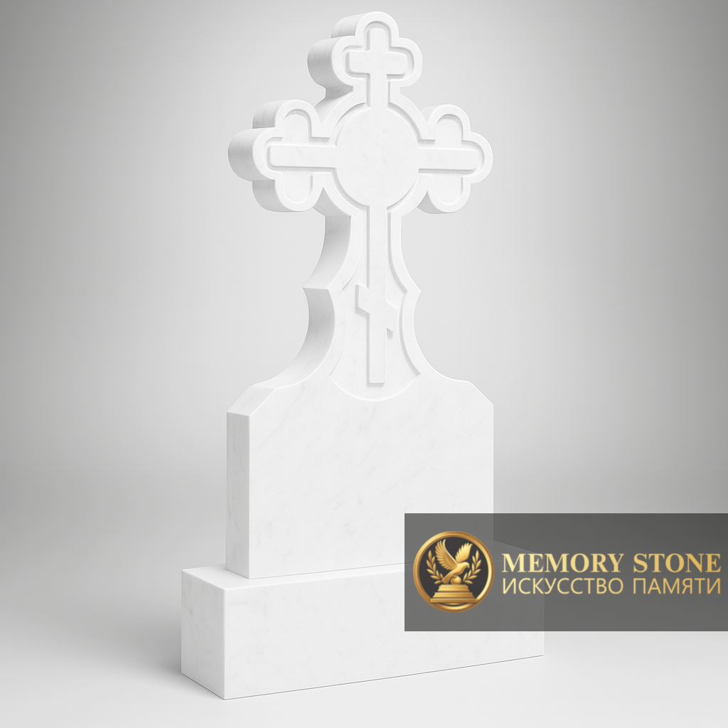  ритуальный памятник в виде большого православного креста из белого камня