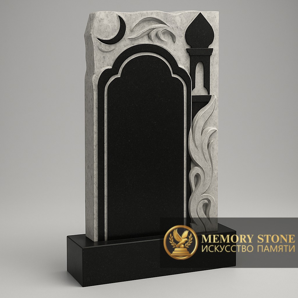 черный могильный камень с резным куполом мечети и полумесяцем