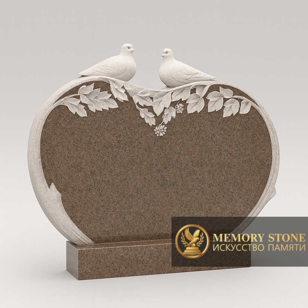 горизонтальный двойной памятник сердце для двоих из коричневого камня