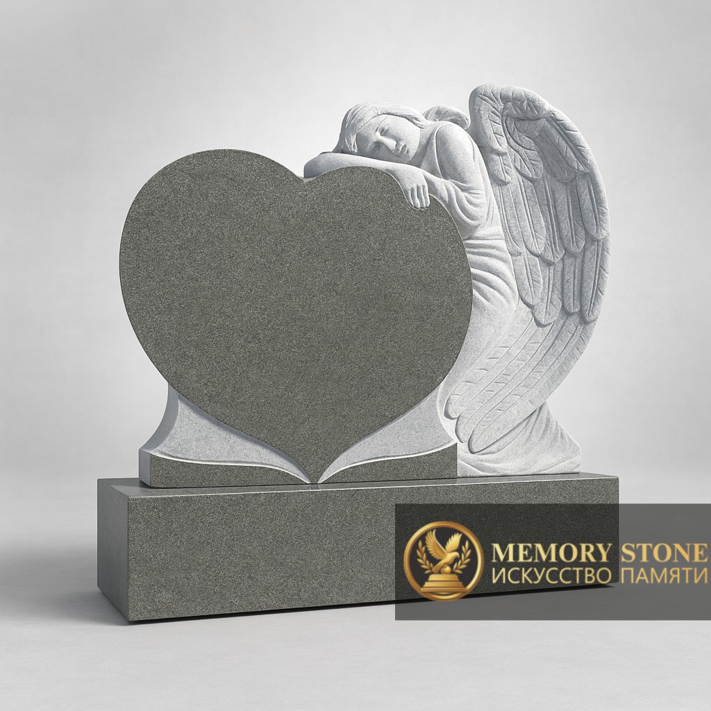 резное надгробие из светлого камня с объемной фигурой плачущего херувима