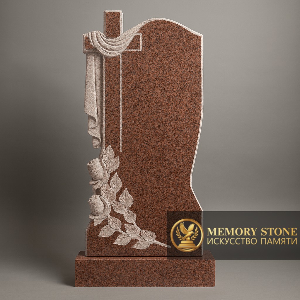 вертикальная ритуальная стела из красного камня с резными розами и распятием