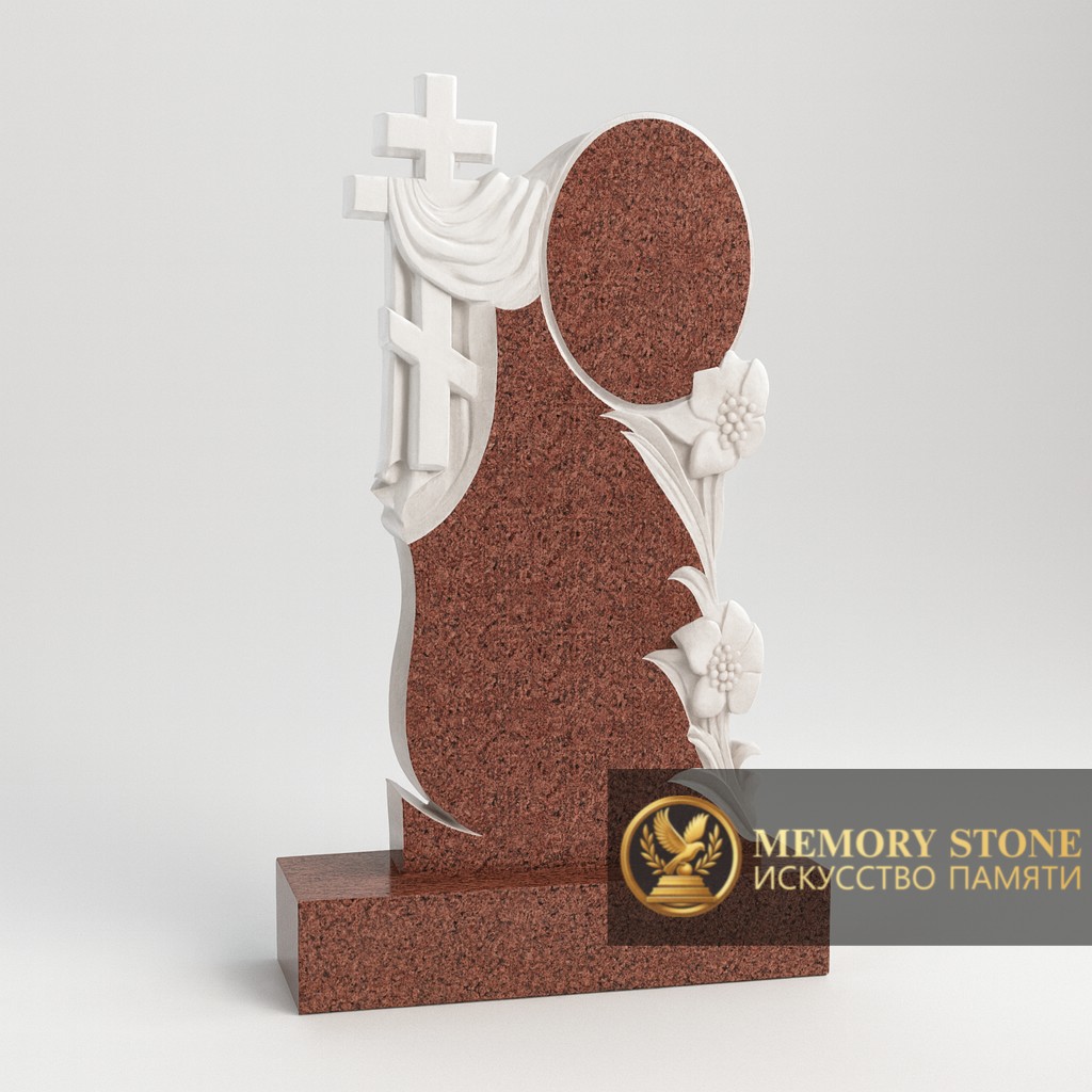 вертикальная красная стела с резными белыми розами и распятием сбоку