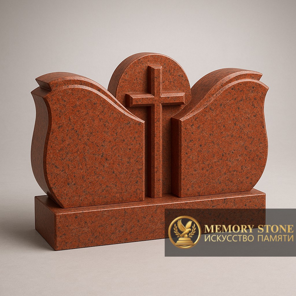 фигурный семейный памятник из красного камня с центральным крестом