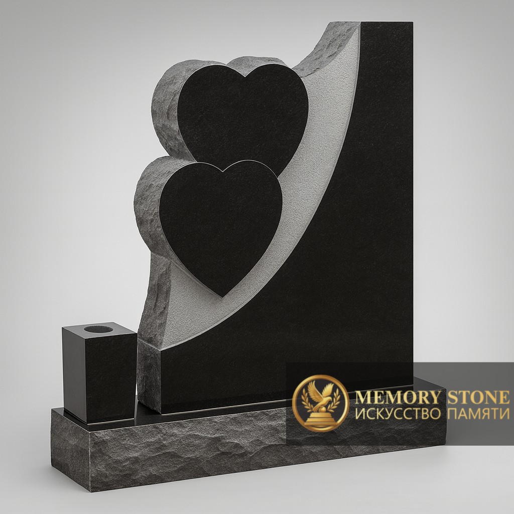 двойной памятник из черного камня в форме наложенных друг на друга сердец