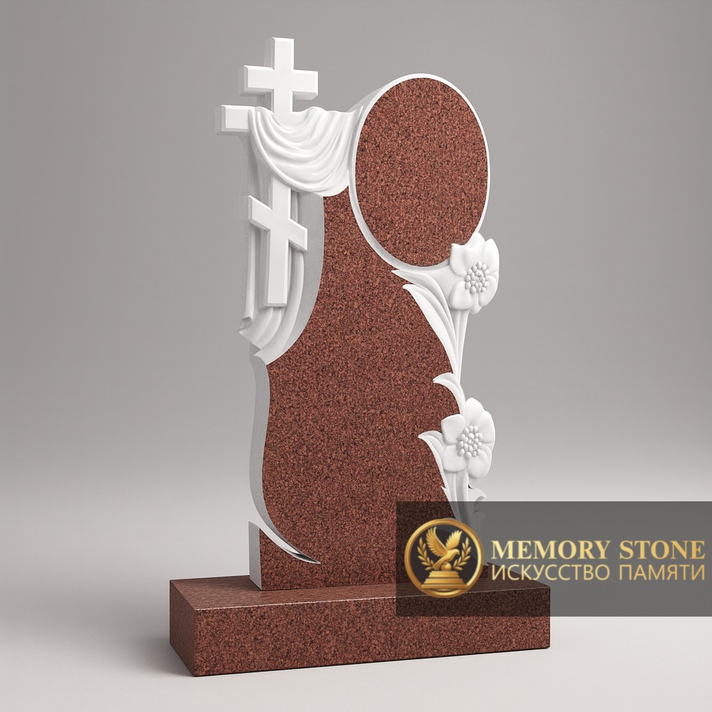 красный монумент из гранита кордай с мраморной вставкой и религиозной символикой