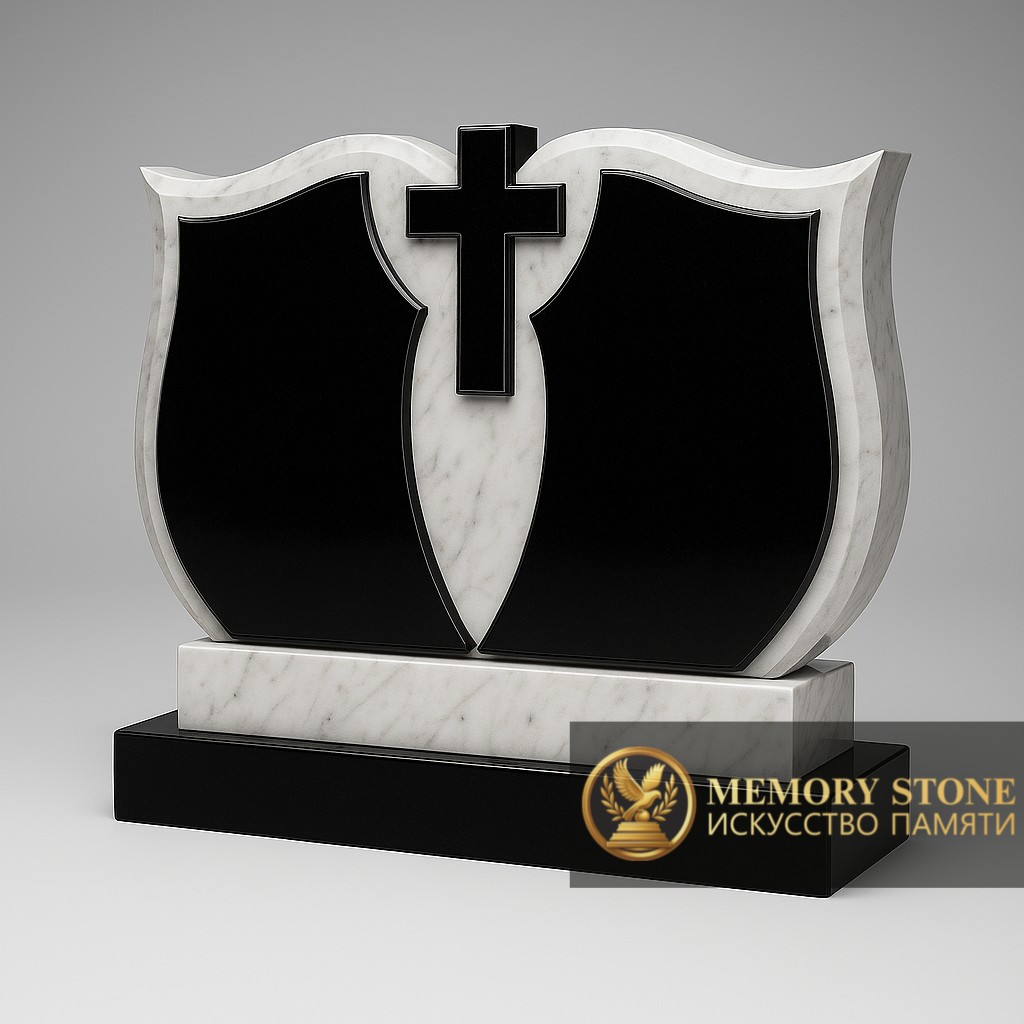 авторское надгробие сложной формы с контрастной вставкой и распятием из черного камня
