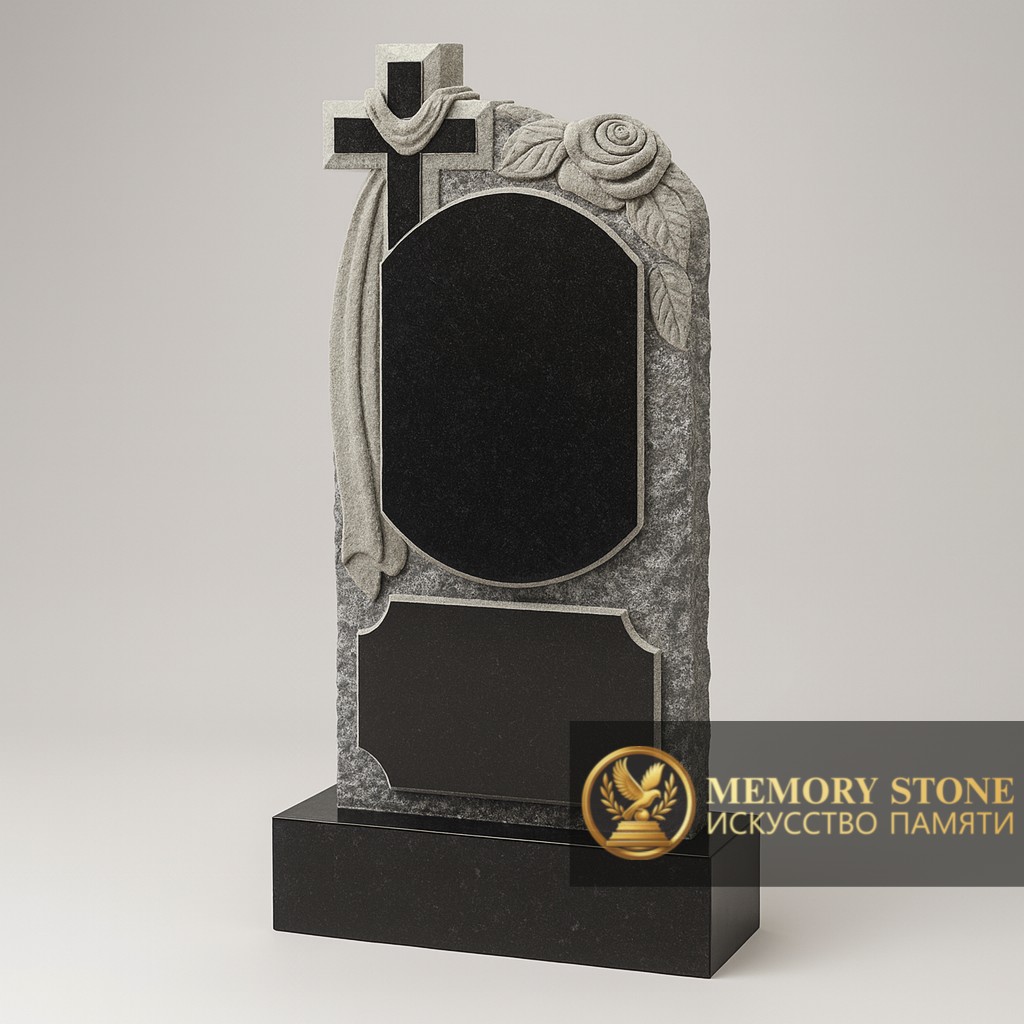 вертикальная черная стела с православным распятием и контрастными цветами наверху