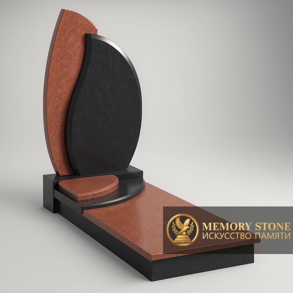 составная стела из красного и черного камня фигурной формы на кладбище