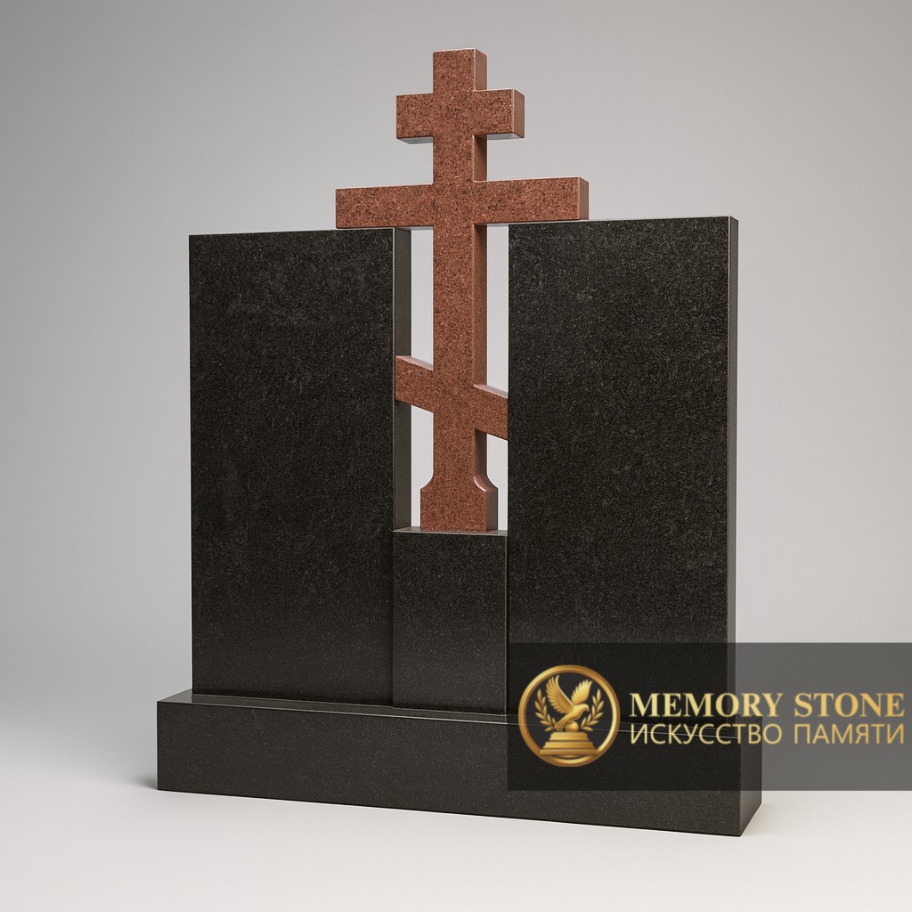 составной памятник из черных плит с центральным красным крестом на кладбище