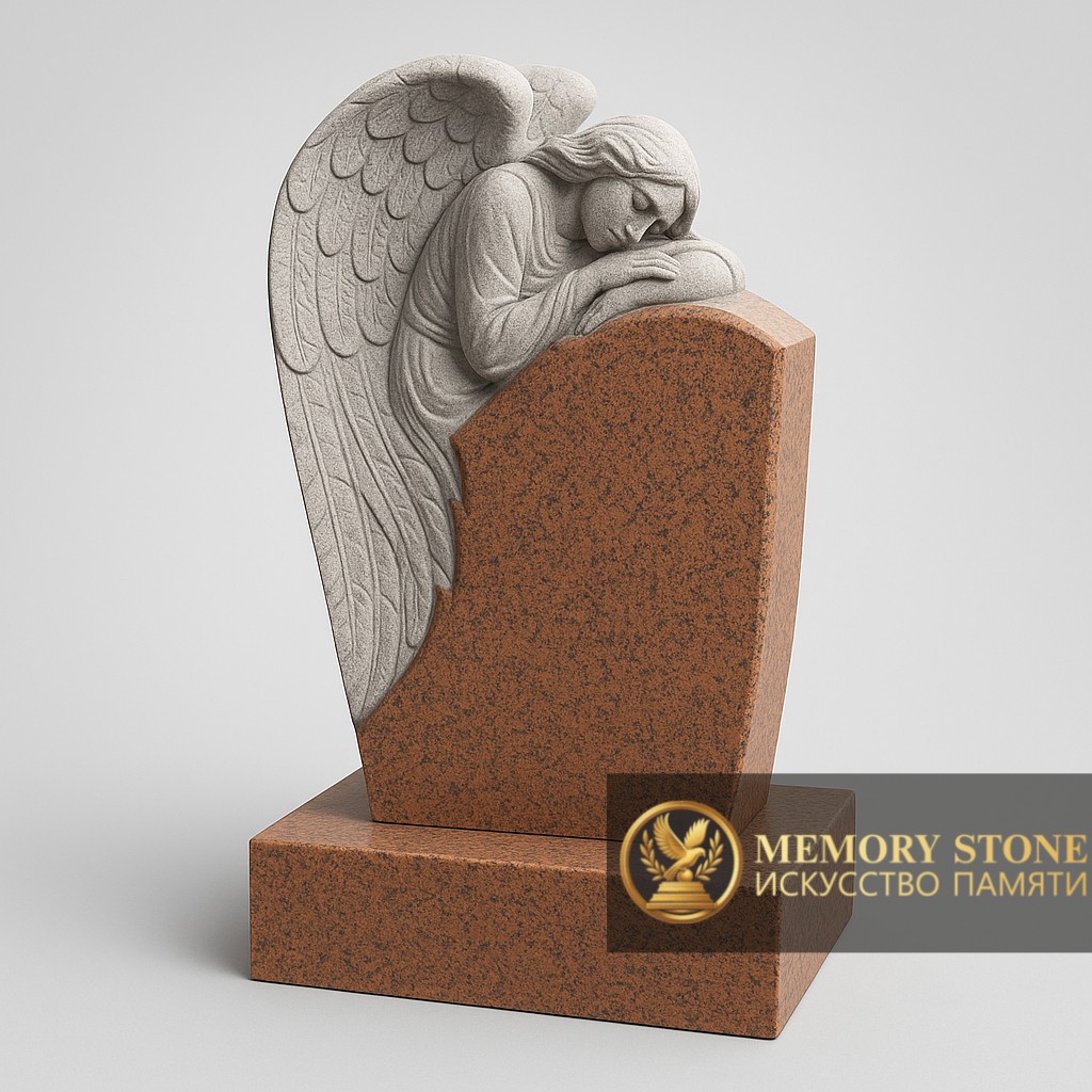 Монументальная красная плита с объемным изображением плачущего ангела с крыльями