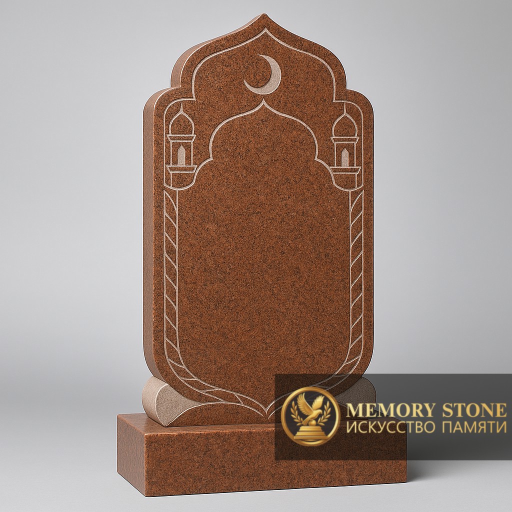 фигурная стела красного цвета с гравировкой мечети и полумесяцем