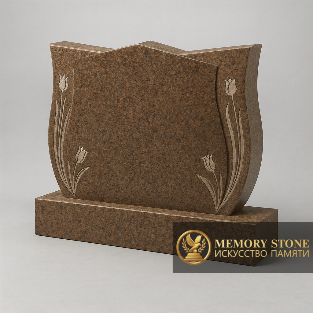 широкий монумент для двоих с резными цветами по бокам стелы