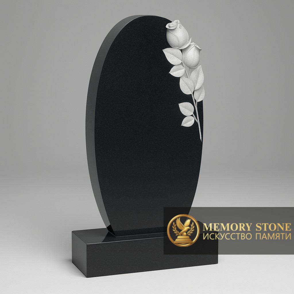 вертикальная овальная стела из габбро с белыми цветами на боковой грани