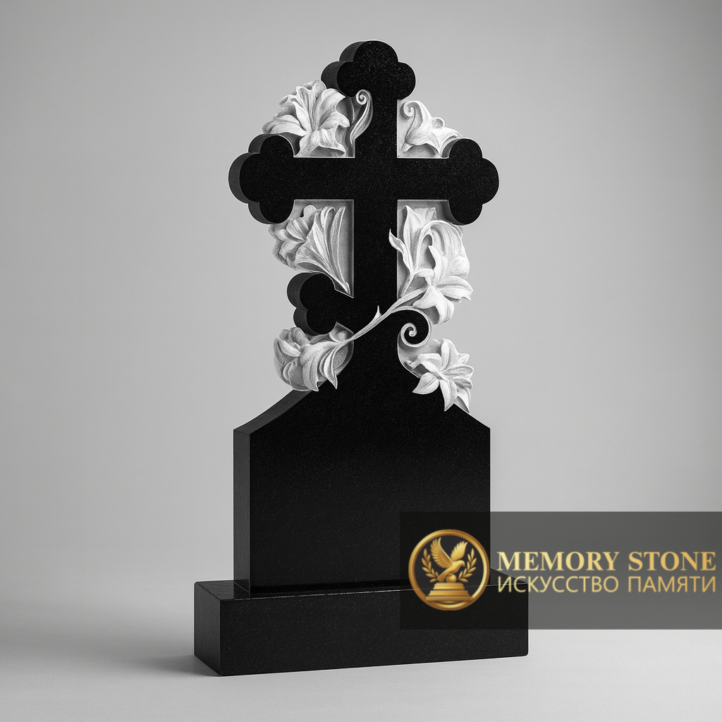 фигурная стела с распятием и резными цветами на черном постаменте