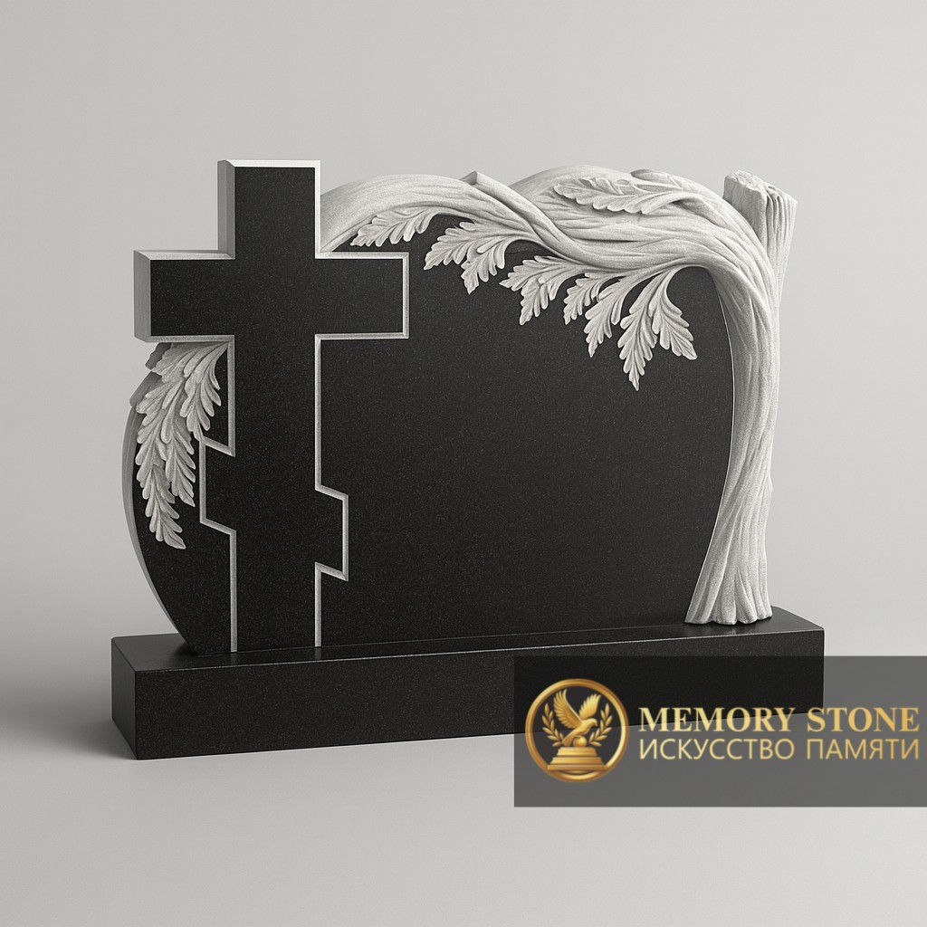стела из габбро с православным распятием и лиственным декором