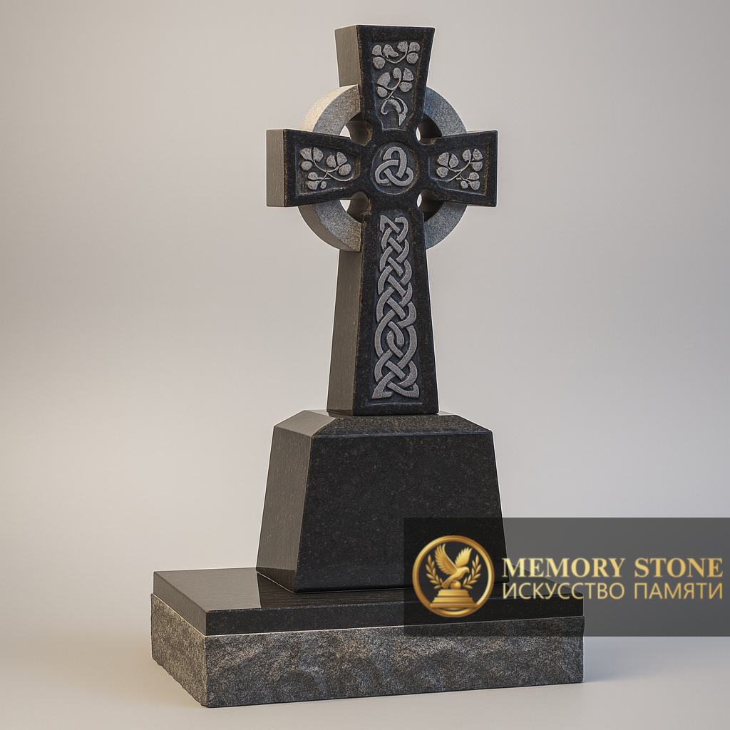 фигурное надгробие в виде старинного креста с орнаментом на тумбе