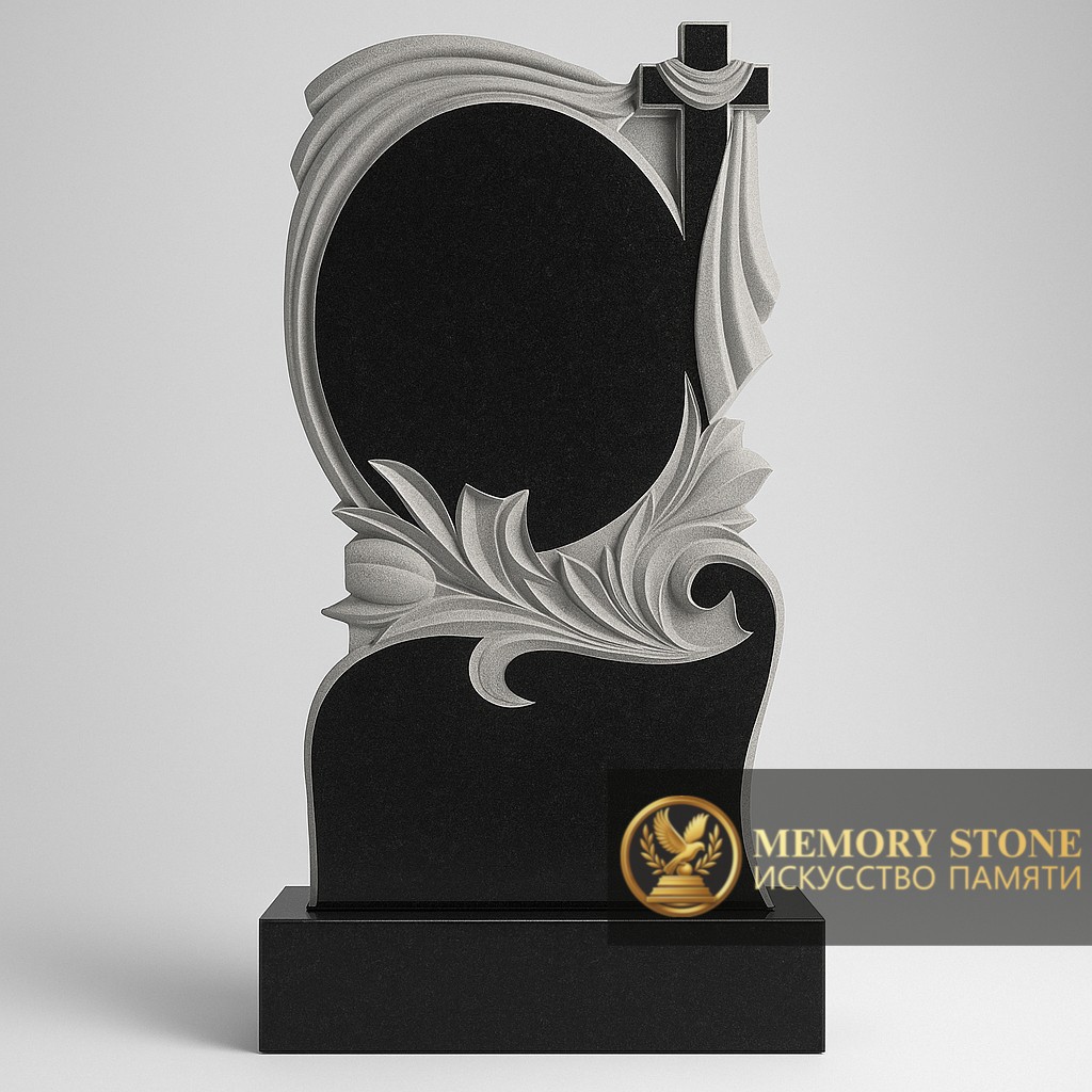 красивая мемориальная плита с объемной резьбой и плащаницей сбоку