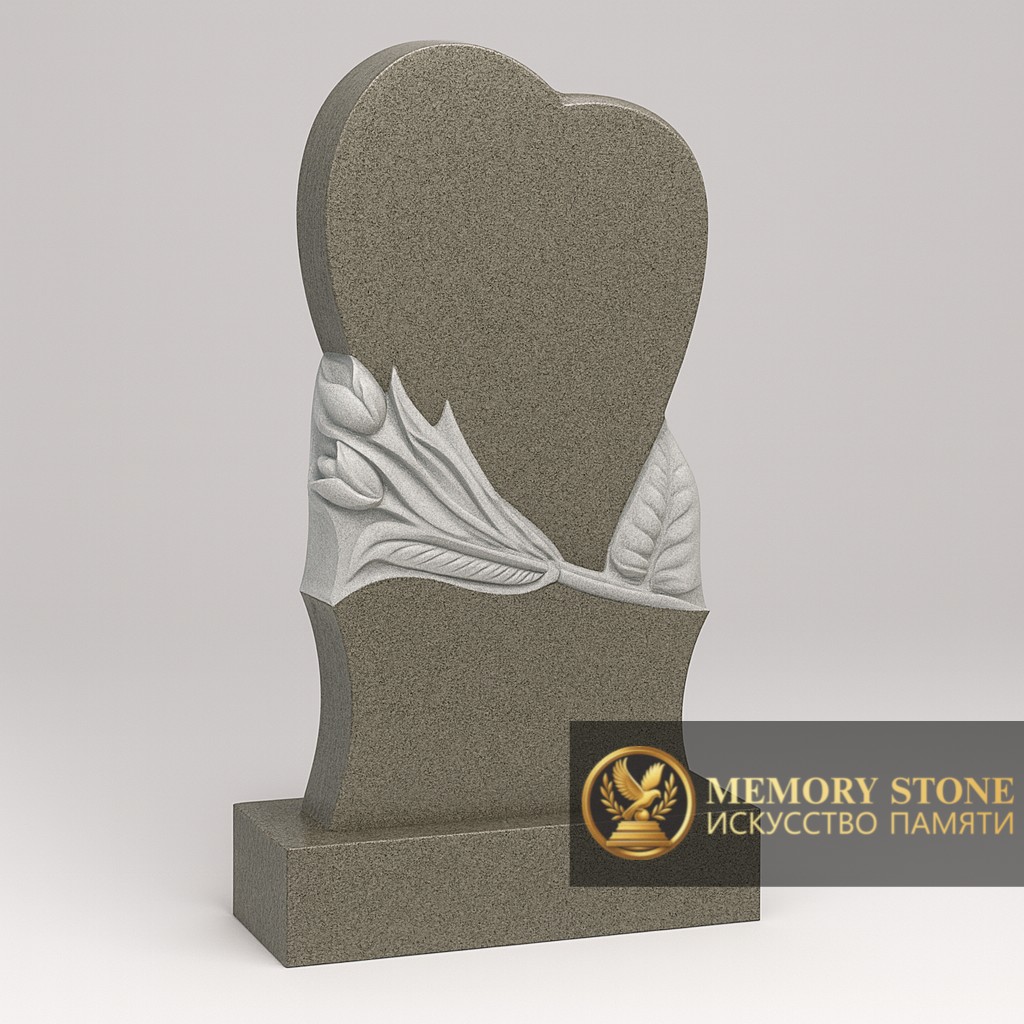 вертикальное ритуальное надгробие в форме сердца из зеленого камня с резными цветами