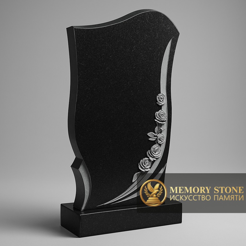 вертикальная плита из черного камня с резными цветами по боковому краю