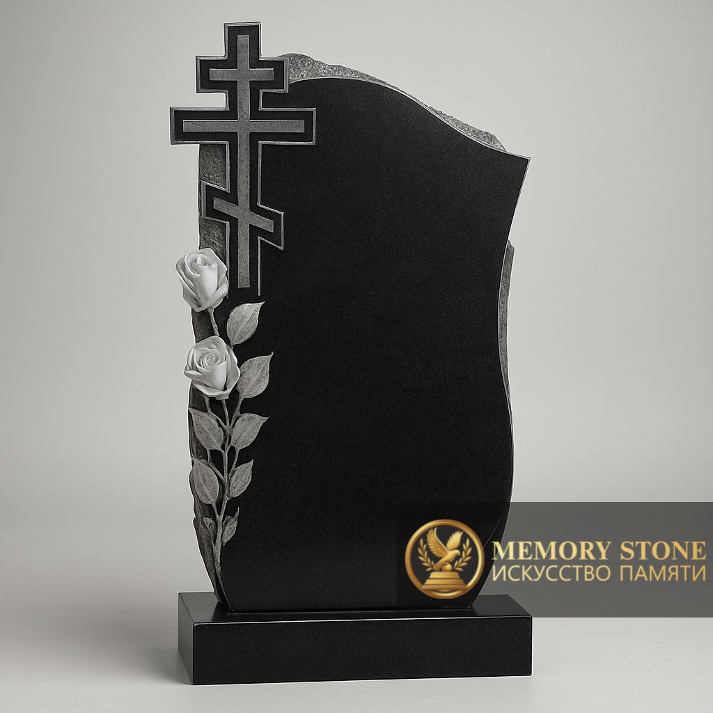 ритуальная стела с гравировкой распятия и цветов на могилу