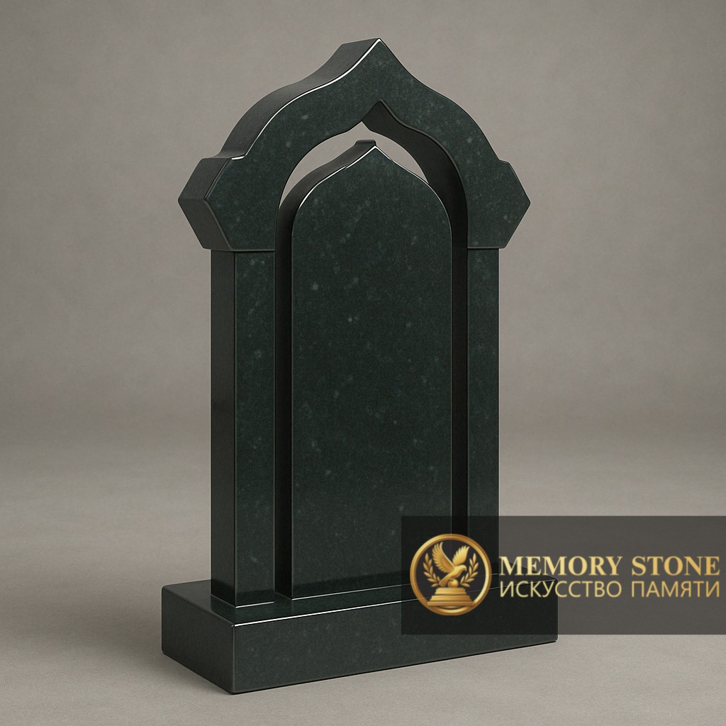 строгое надгробие портал из зеленого камня с фигурным сводом