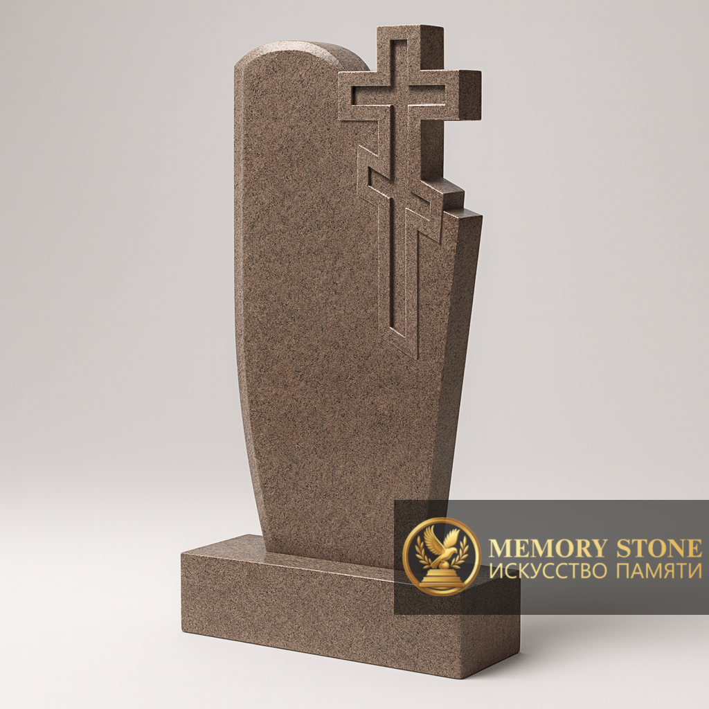 надгробие в форме восьмиконечного креста из цельного коричневого камня