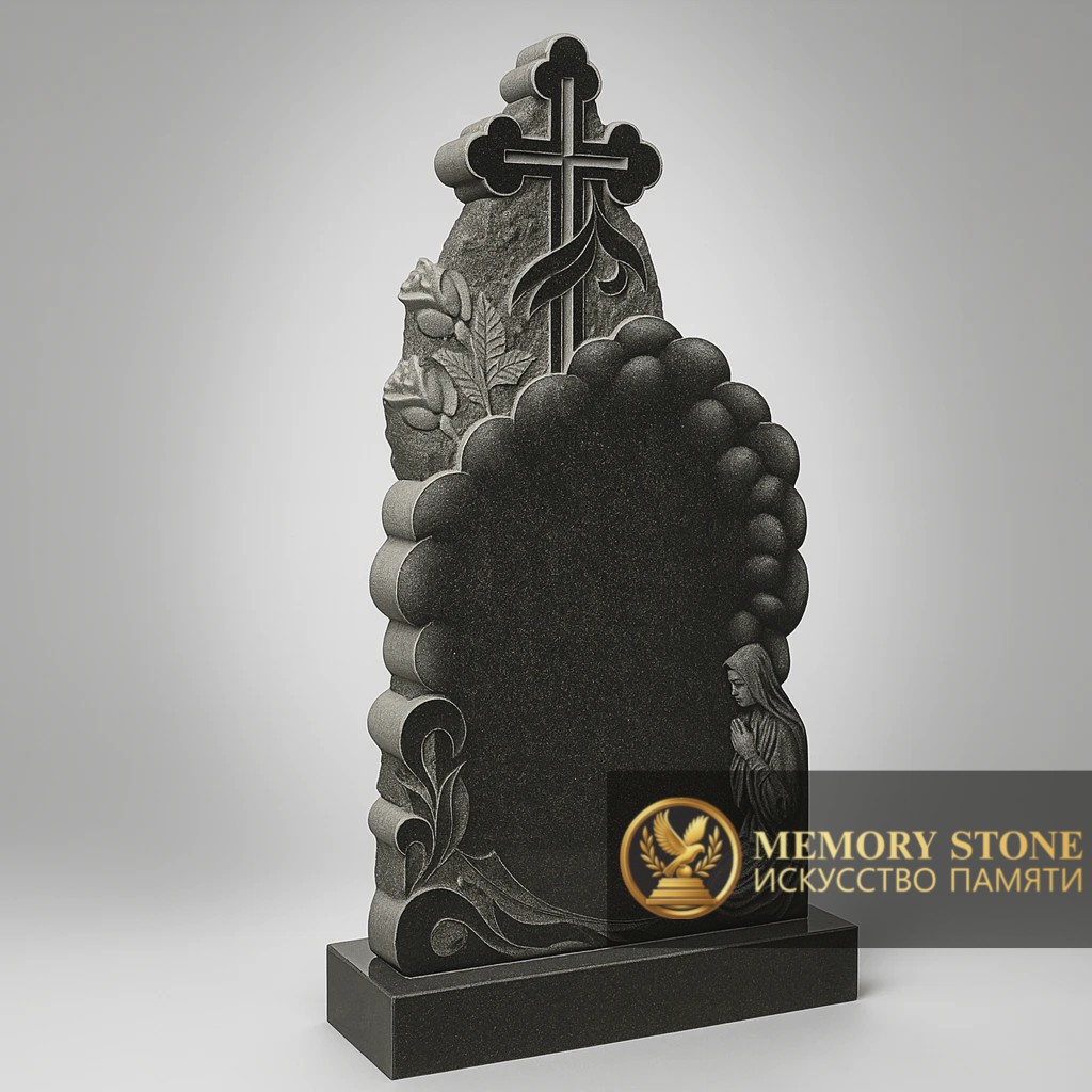 элитное надгробие из габбро с богатой резьбой и распятием на голгофе