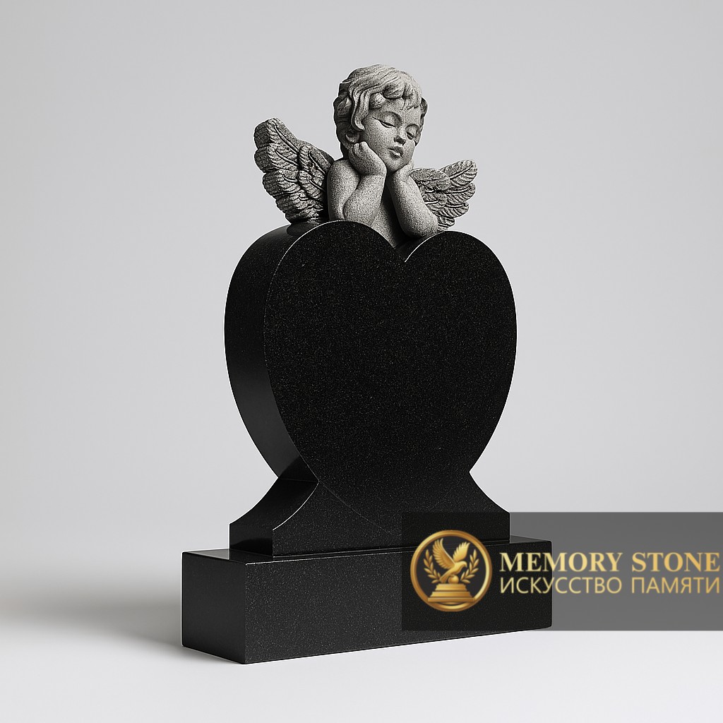 детское или женское надгробие в форме сердца с белой скульптурой херувима сверху