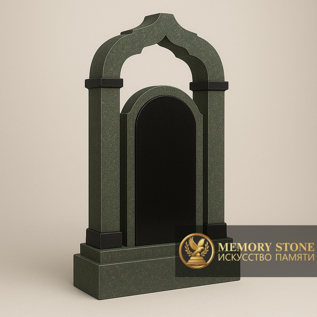 ритуальный комплекс изумрудного цвета с черной вставкой и фигурным сводом