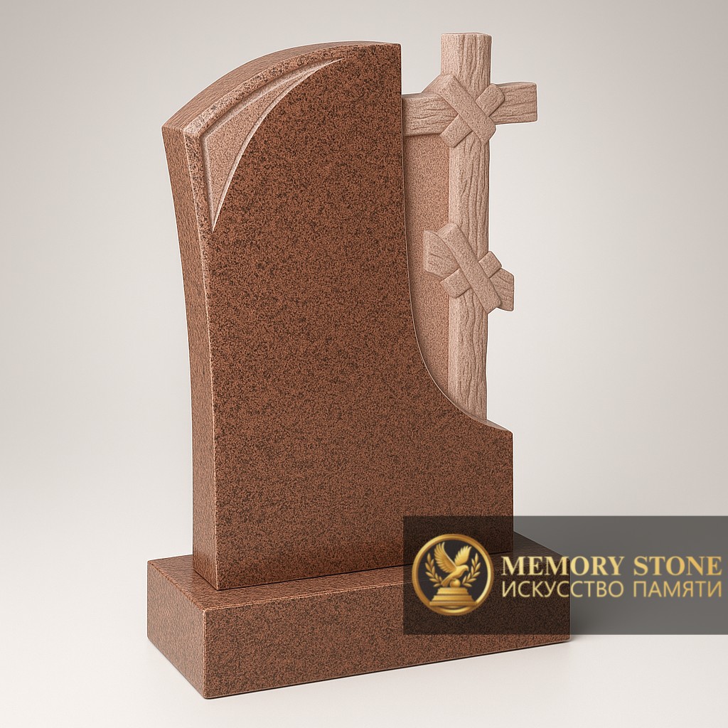 фигурная стела с объемным восьмиконечным крестом и резной тканью на боку