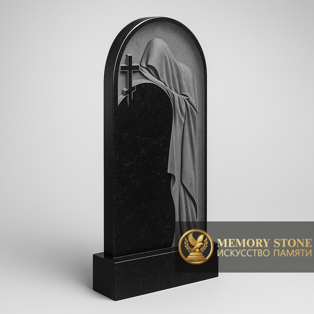 элитная ритуальная стела из габбро с объемным барельефом плачущей женщины под аркой