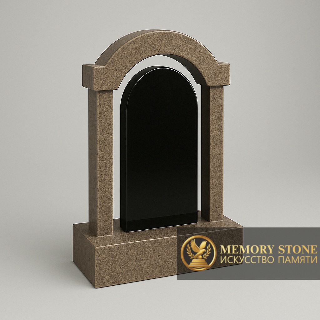 классический арочный памятник из гранита курты с черной плитой внутри