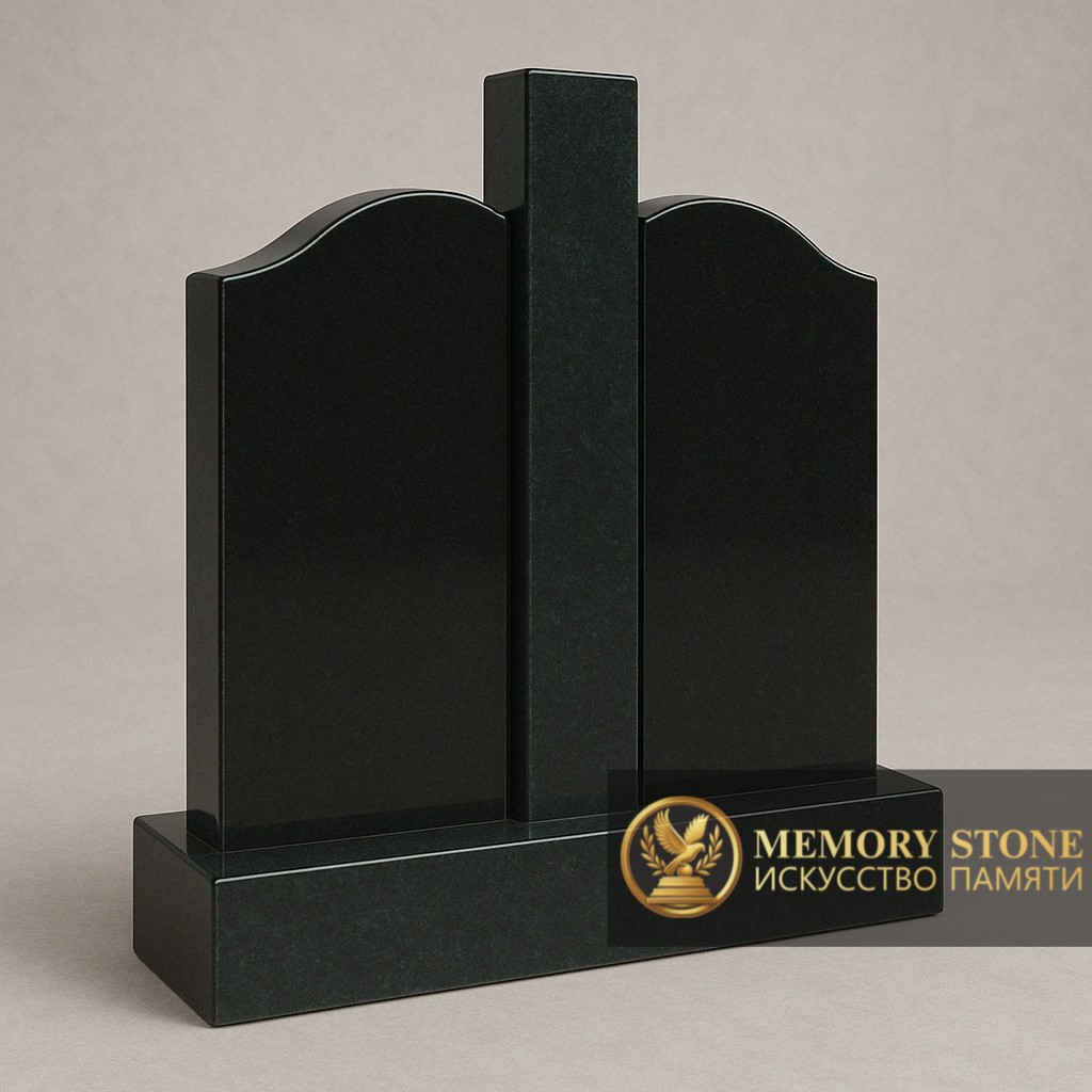 двойной памятник сложной формы из зеленого камня с черными вставками