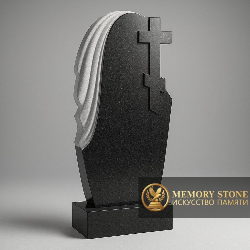 вертикальная стела из габбро с плащаницей в форме ткани и крестом
