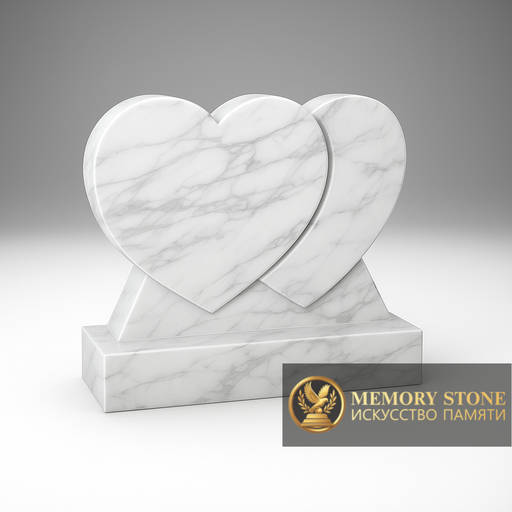 двойное горизонтальное надгробие из белого камня в виде двух объединенных сердец