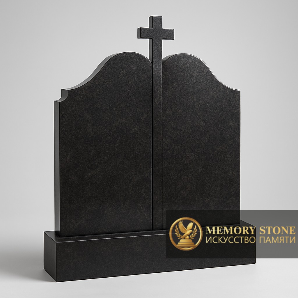 массивный черный памятник сложной формы с фигурным верхом и крестом