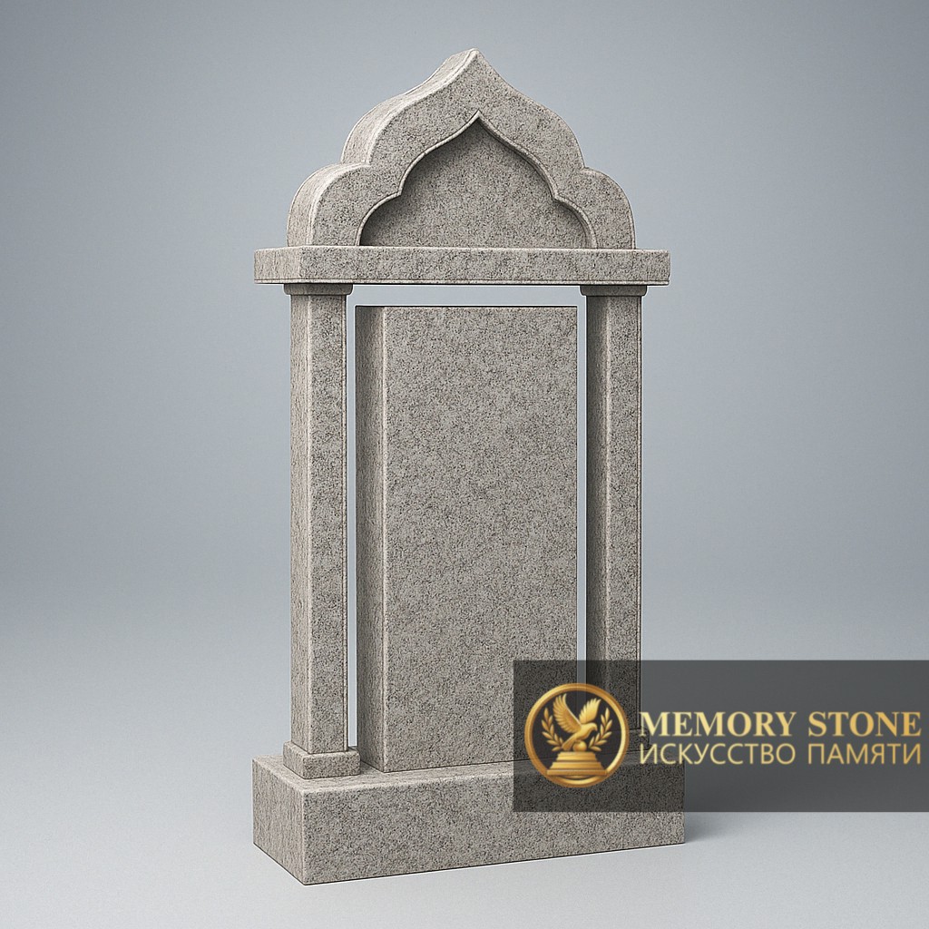 Строгая арочная композиция из светлого гранита с массивным сводом для благородного захоронения