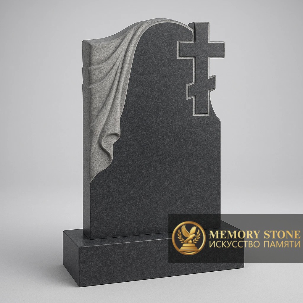 классическое православное надгробие из черного камня с барельефом драпировки и распятием