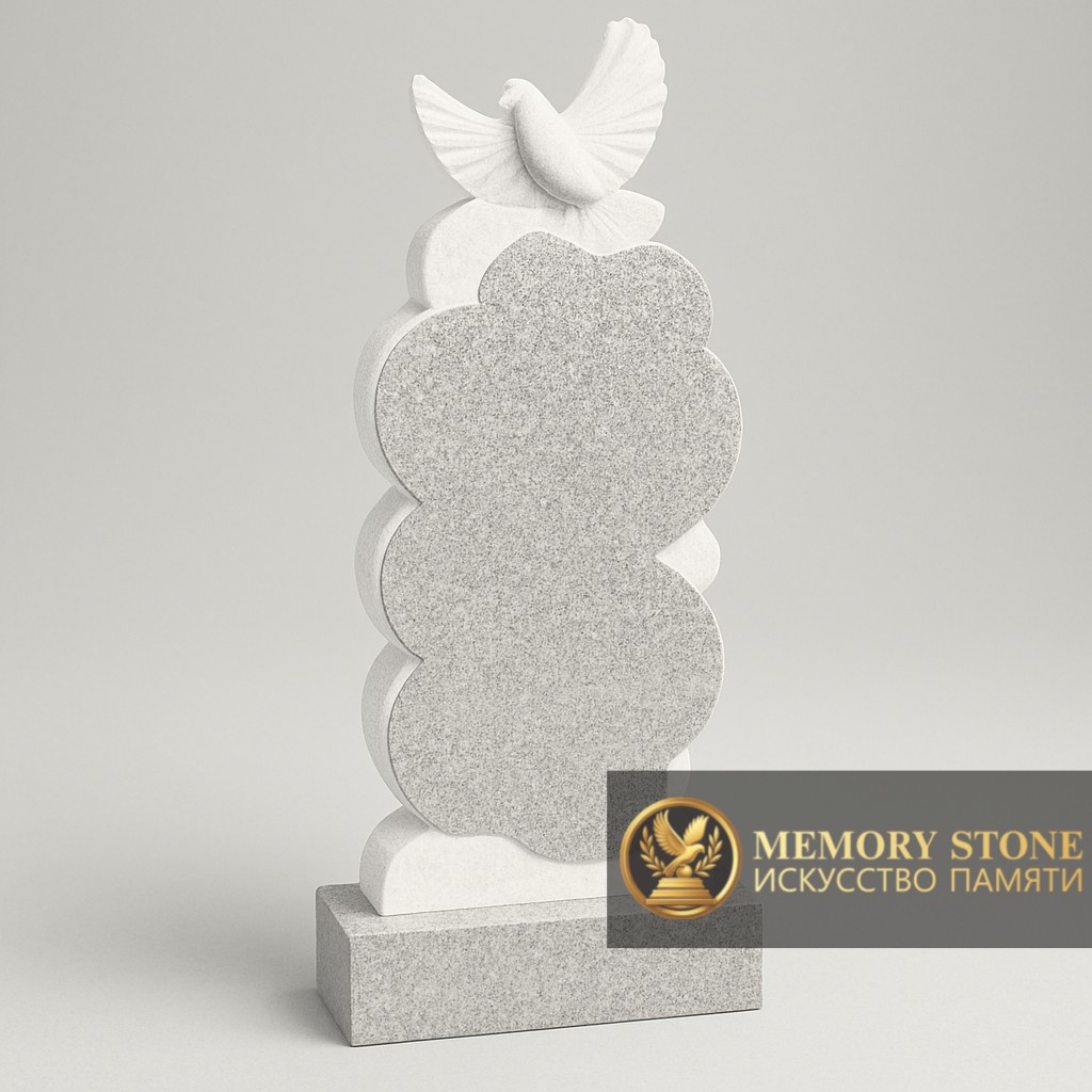 резное ритуальное надгробие с фигурой птицы и облаками из натурального белого камня