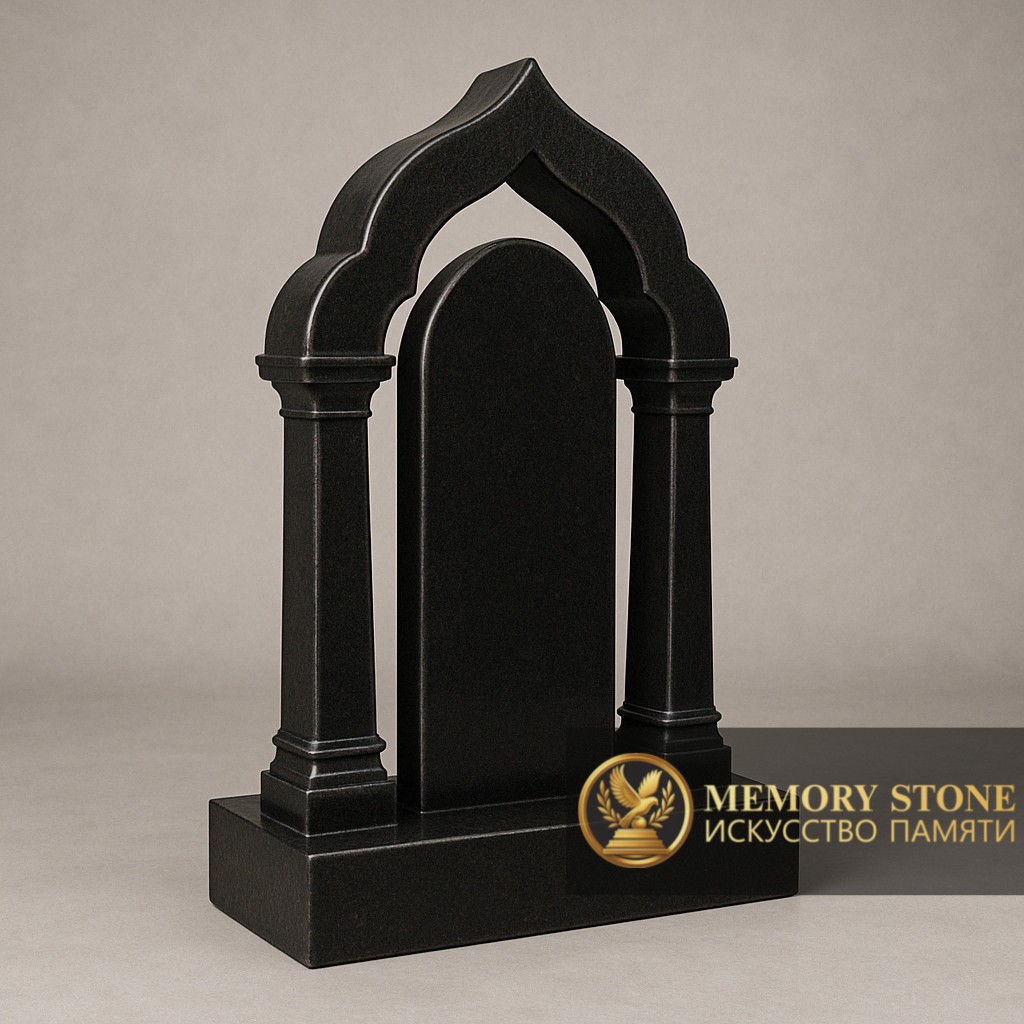 строгая арка с фигурным сводом и колоннами из черного габбро на могилу