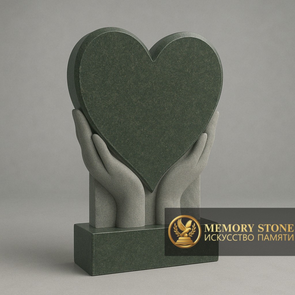 трогательный памятник сердце в ладонях из натурального зеленого камня