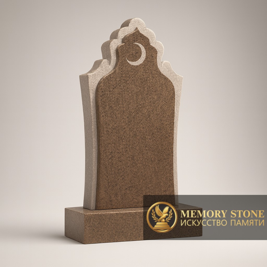 мусульманское надгробие с резным куполом и символом полумесяца из коричневого камня