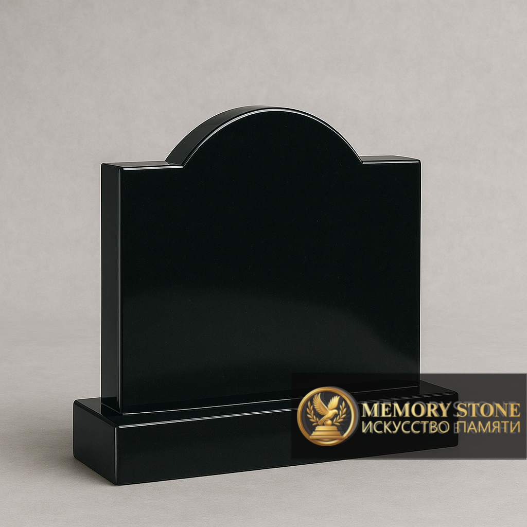 широкая мемориальная плита фигурной формы для двойного захоронения из черного камня