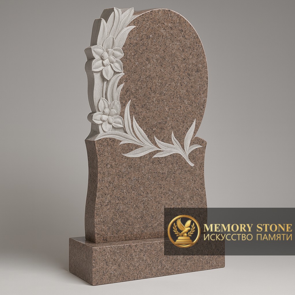 вертикальное надгробие с барельефом цветов по левому краю из коричневого камня