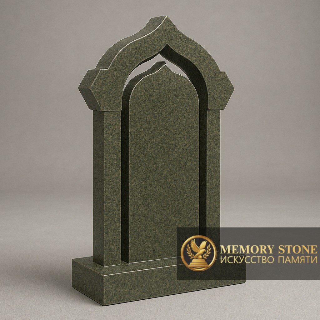 строгий ритуальный комплекс из камня изумрудного цвета с колоннами