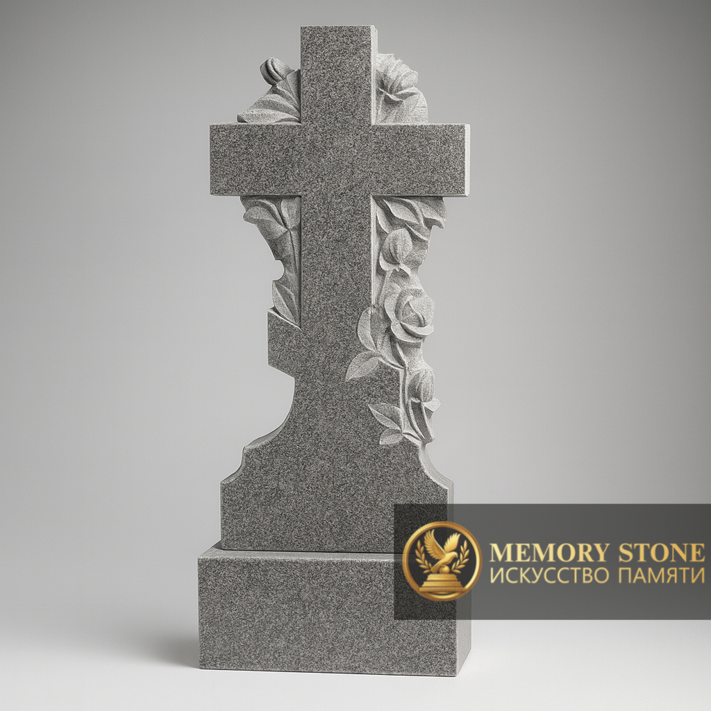 православное надгробие в виде креста обвитого цветами из цельного серого камня