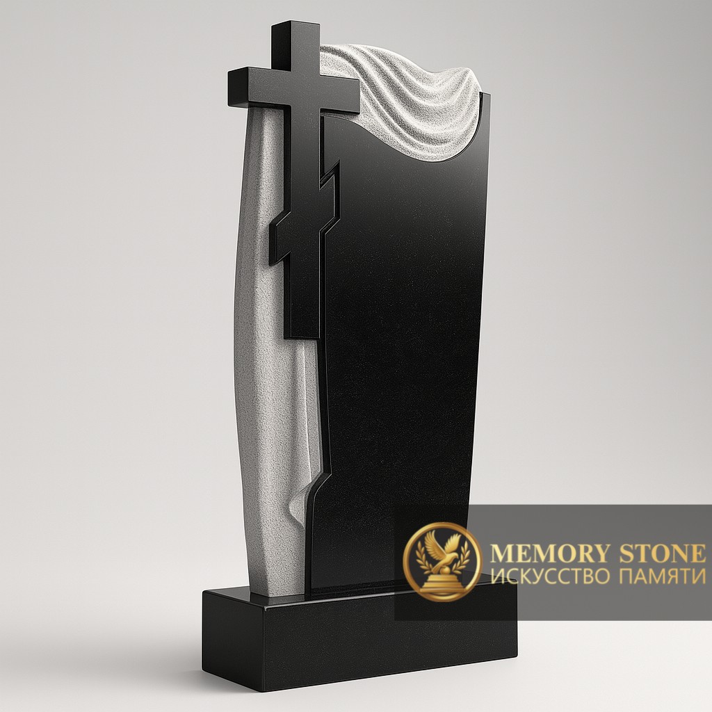 ритуальный монумент с белым драпированным саваном и распятием на черном постаменте