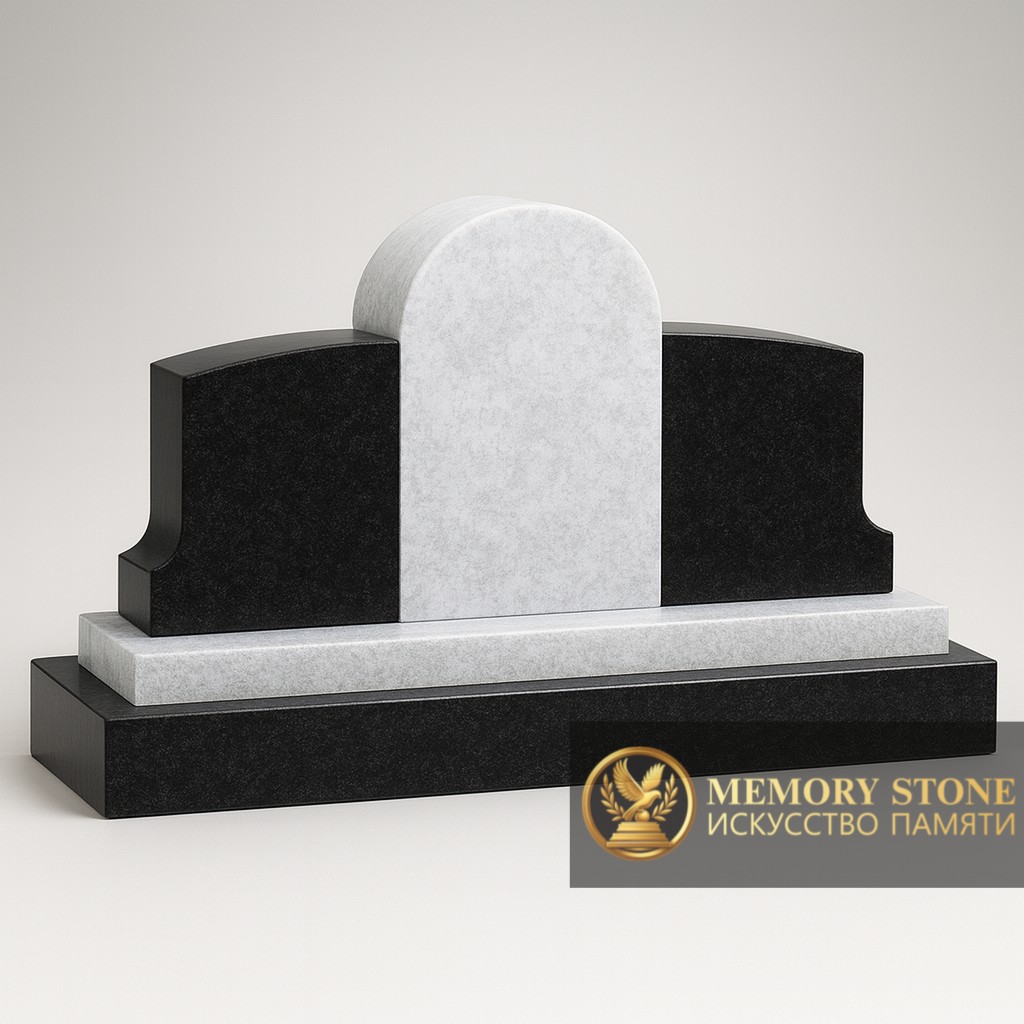 семейный памятник на двоих из черных и белой плит на общем постаменте