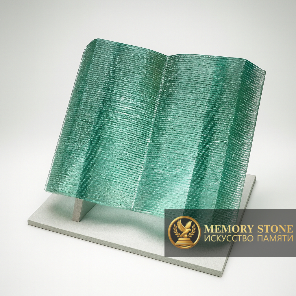 прозрачное надгробие в форме раскрытой книги из зеленого стекла на подставке